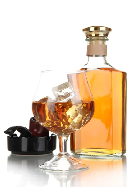 Brandy with ice and cigar isolated on white — Stock Photo, Image