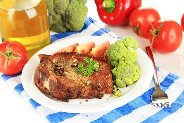 Piece of fried meat on plate isolated on white — Stock Photo, Image