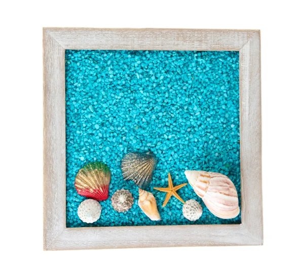 白で隔離される殻を持つ装飾的な着色された砂 — ストック写真