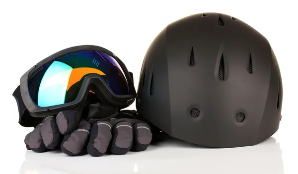 冬季运动眼镜、 头盔、 手套、 隔离在白色 — 图库照片
