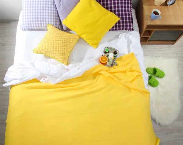 Medicines on bed in room close-up — Stock Photo, Image