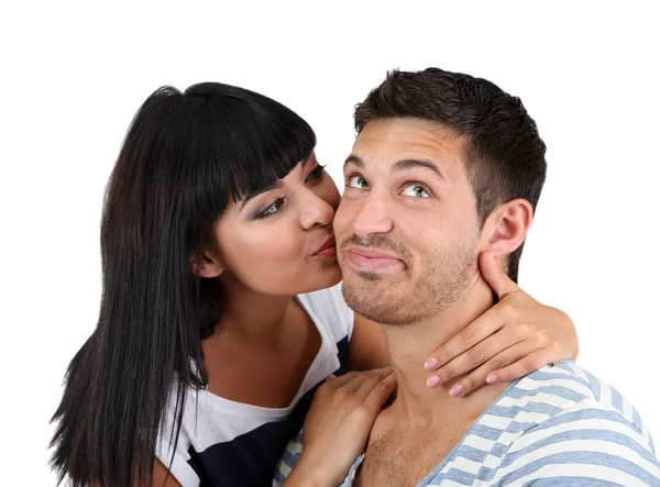 Beautiful loving couple kissing isolated on white — Stock Photo, Image