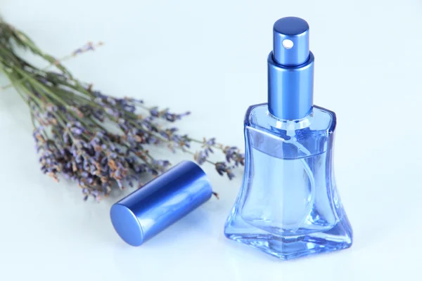 Parfum in fles en lavendel geïsoleerd op wit — Stockfoto