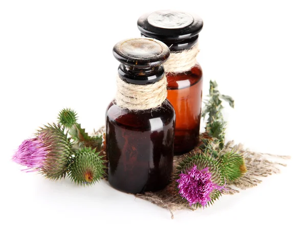 Frascos medicinales con flores de cardo, aislados en blanco — Foto de Stock