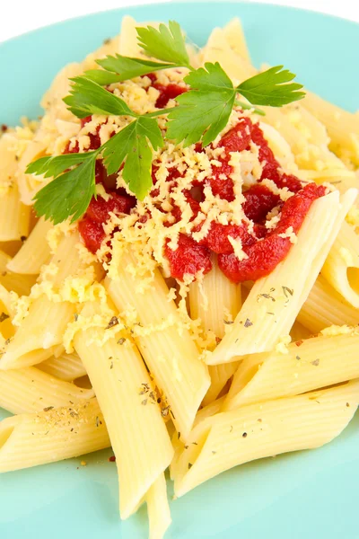 Rigatoni Nudelgericht mit Tomatensauce aus nächster Nähe — Stockfoto