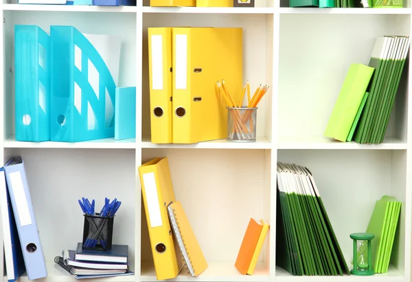 White office shelves with different stationery, close up — Stock Photo, Image