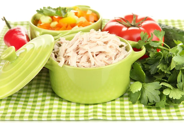 Shredded boiled chicken in green pan close up — Stock Photo, Image