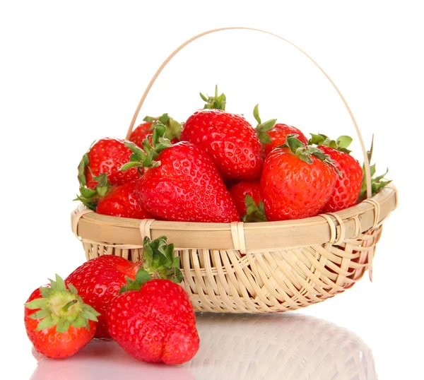 Fresh strawberry in wicker basket isolated on white — Stock Photo, Image