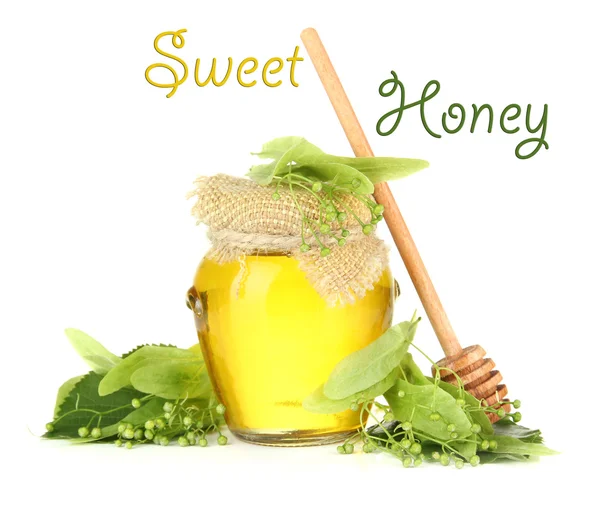 Frasco de mel com flores de lima, isolado sobre branco — Fotografia de Stock