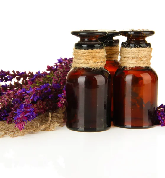 Medicine bottles and salvia flowers, isolated on white — Stock Photo, Image