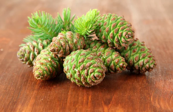 Green cones and fir tree on wooden background — Stock Photo, Image