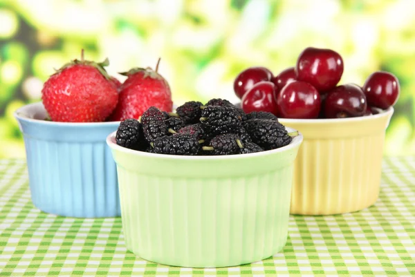 Ripe mulberries with cherry and strawberries in bowls on table on bright background — Stock Photo, Image