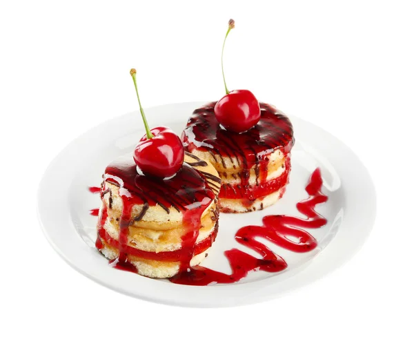 Reçel ve plaka üzerinde beyaz izole, meyveleri lezzetli bisküvi kek — Stok fotoğraf