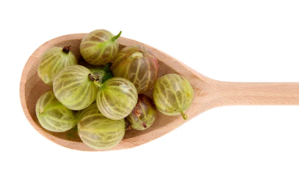 Gooseberry in wooden spoon isolated on white — Stock Photo, Image