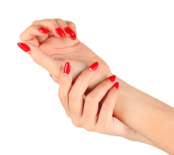 Hermosas manos femeninas con uñas rojas aisladas en blanco —  Fotos de Stock