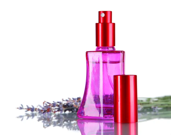 Perfume in bottle and lavender isolated on white — Stock Photo, Image