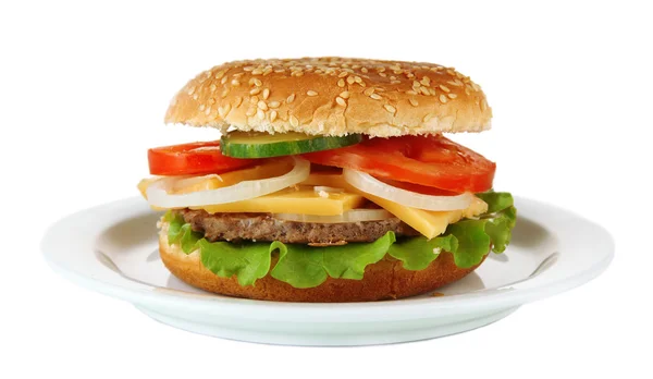 Tasty cheeseburger on plate, isolated on white — Stock Photo, Image