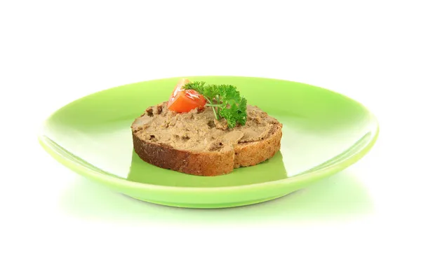 Toasted bread with pate on color plate, isolated on white — Stock Photo, Image