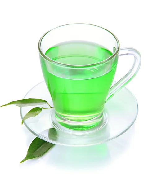 Taza transparente de té verde, aislada en blanco — Foto de Stock