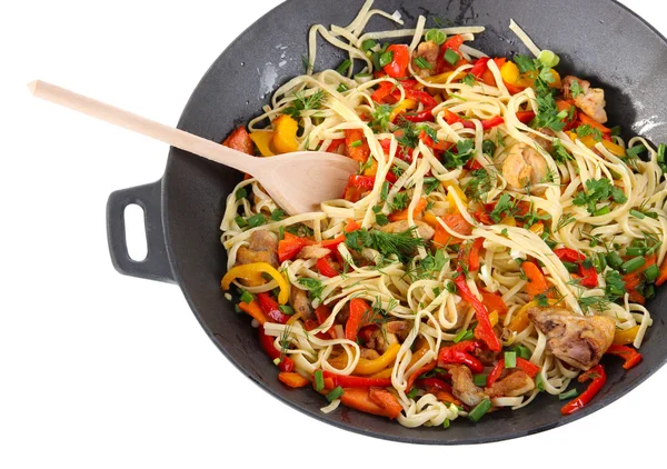 Noodles with vegetables on wok isolated on white — Stock Photo, Image