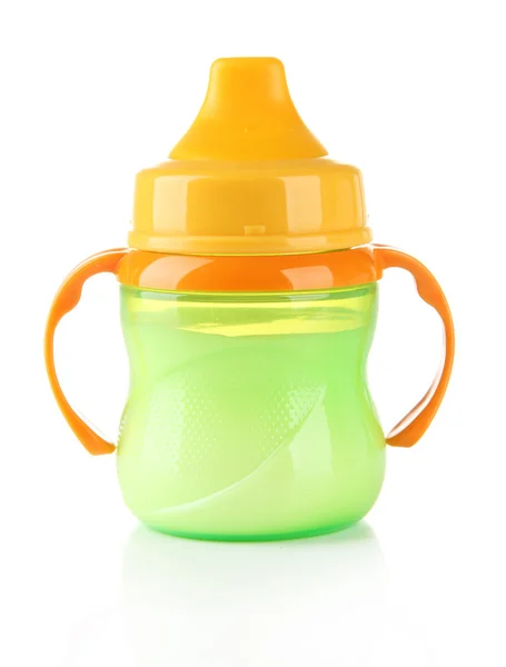 Bright baby bottle with milk isolated on white — Stock Photo, Image