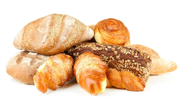 Samenstelling met brood en broodjes, geïsoleerd op wit — Stockfoto