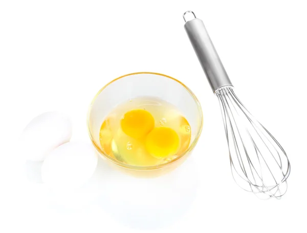 Corolla, flour and broken eggs isolated on white — Stock Photo, Image