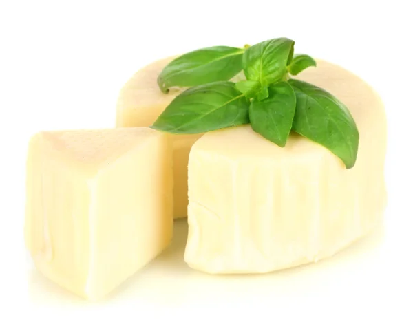 Cheese mozzarella and basil isolated on white — Stock Photo, Image