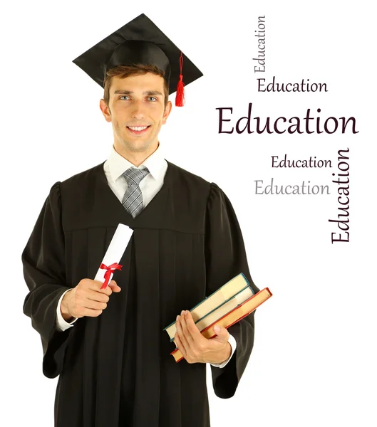 Young graduation man holding diploma and books, isolated on white — Stock Photo, Image