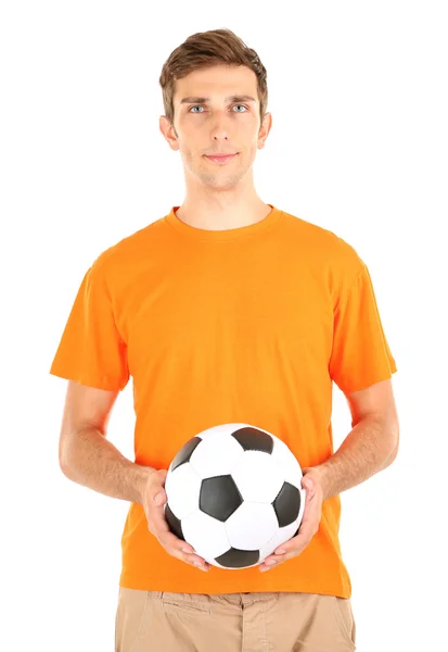 Jovem jogador de futebol segurando bola, isolado em branco — Fotografia de Stock