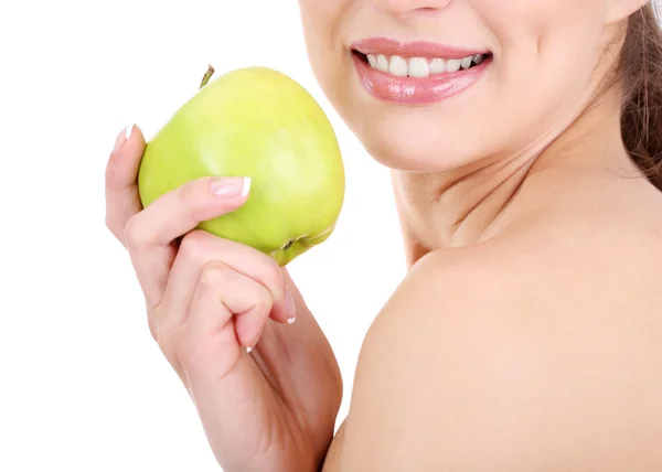 Χαμογελαστή γυναίκα με το μήλο που απομονώνονται σε λευκό — Φωτογραφία Αρχείου