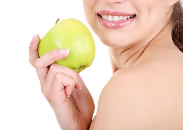 Smiling woman with apple isolated on white — Stock Photo, Image