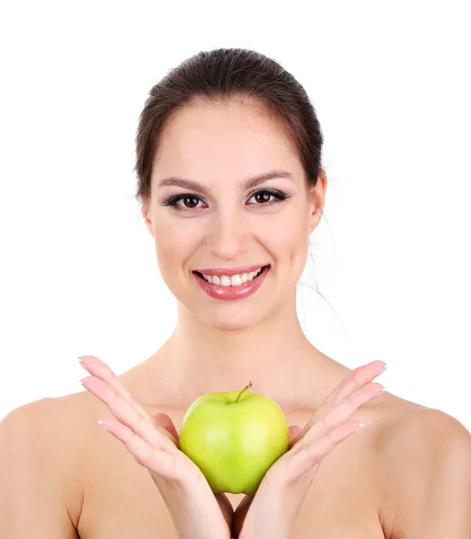 Lächelnde Frau mit Apfel auf weißem Grund — Stockfoto