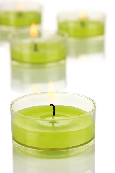 Lighted candles with beads close up — Stock Photo, Image