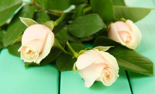 木製の背景の色で、美しいバラの花 — ストック写真