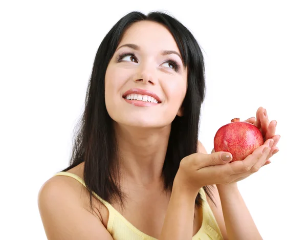 Mädchen mit frischem Granatapfel isoliert auf weiß — Stockfoto