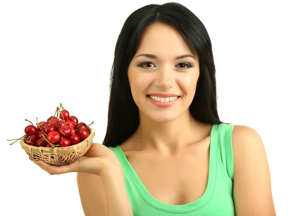 Chica con cerezas frescas aisladas en blanco — Foto de Stock