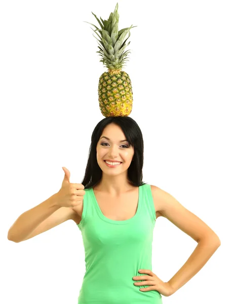 Girl with fresh pineapple isolated on white — Stock Photo, Image