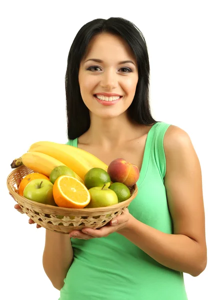 Menina com frutas frescas isoladas no branco — Fotografia de Stock