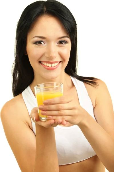 Menina com suco de laranja fresco isolado no branco — Fotografia de Stock