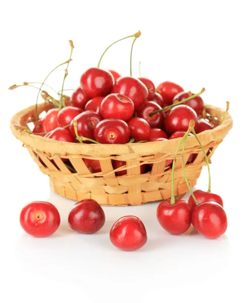 Cherry berries in wicker basket isolated on white — Stock Photo, Image