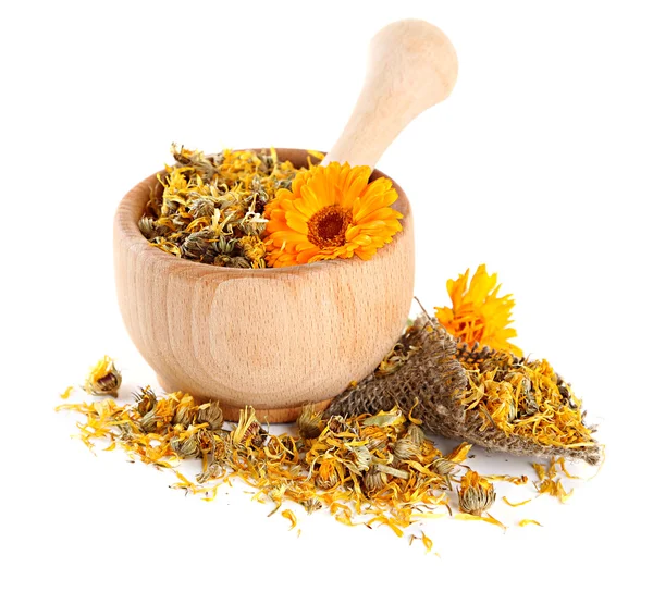 Fresh and dried calendula flowers in wooden mortar isolated on white — Stock Photo, Image