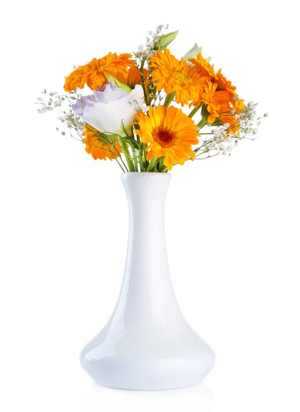 Calendula flowers in vase isolated on white — Stock Photo, Image