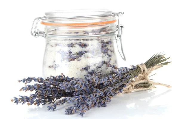 Jar of lavender sugar, isolated on white — Stock Photo, Image