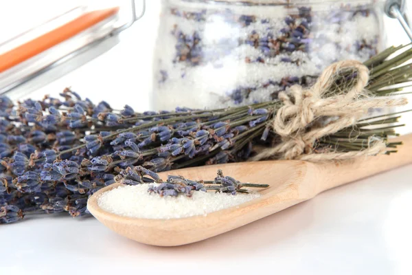 Jar of lavender sugar and fresh lavender flowers isolated on white — Stock Photo, Image