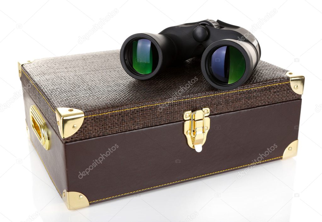 Black modern binoculars with suitcase isolated on white