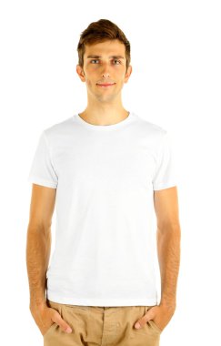 t-shirt üzerine genç adam beyaz izole