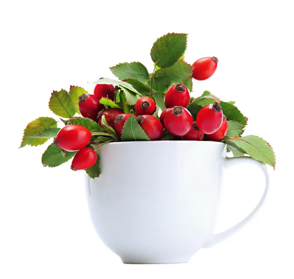 Ripe hip roses with leaves in cup, isolated on white — Stock Photo, Image