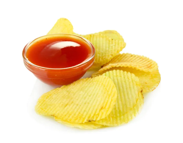 Potato chips and sauce, isolated on white — Stock Photo, Image