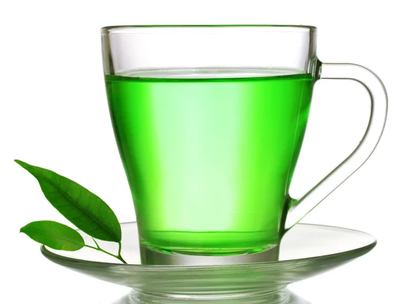 Transparante kopje groene thee, geïsoleerd op wit — Stockfoto